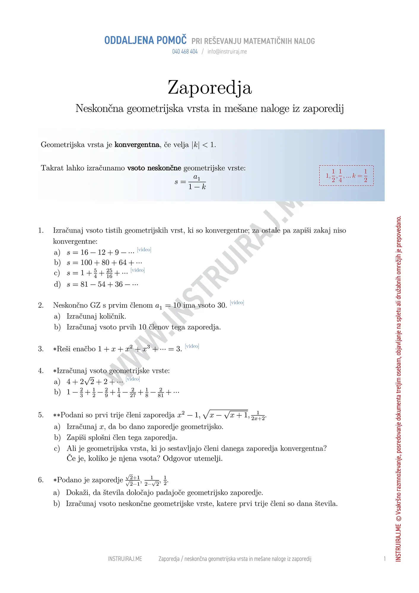 Neskončna geometrijska vrsta in mešane naloge iz zaporedij