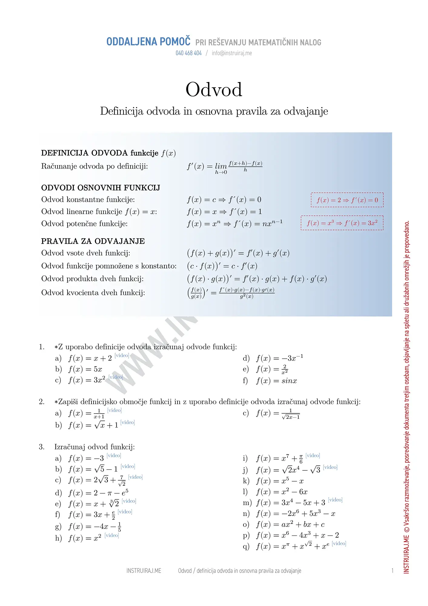 Definicija odvoda in osnovna pravila za odvajanje