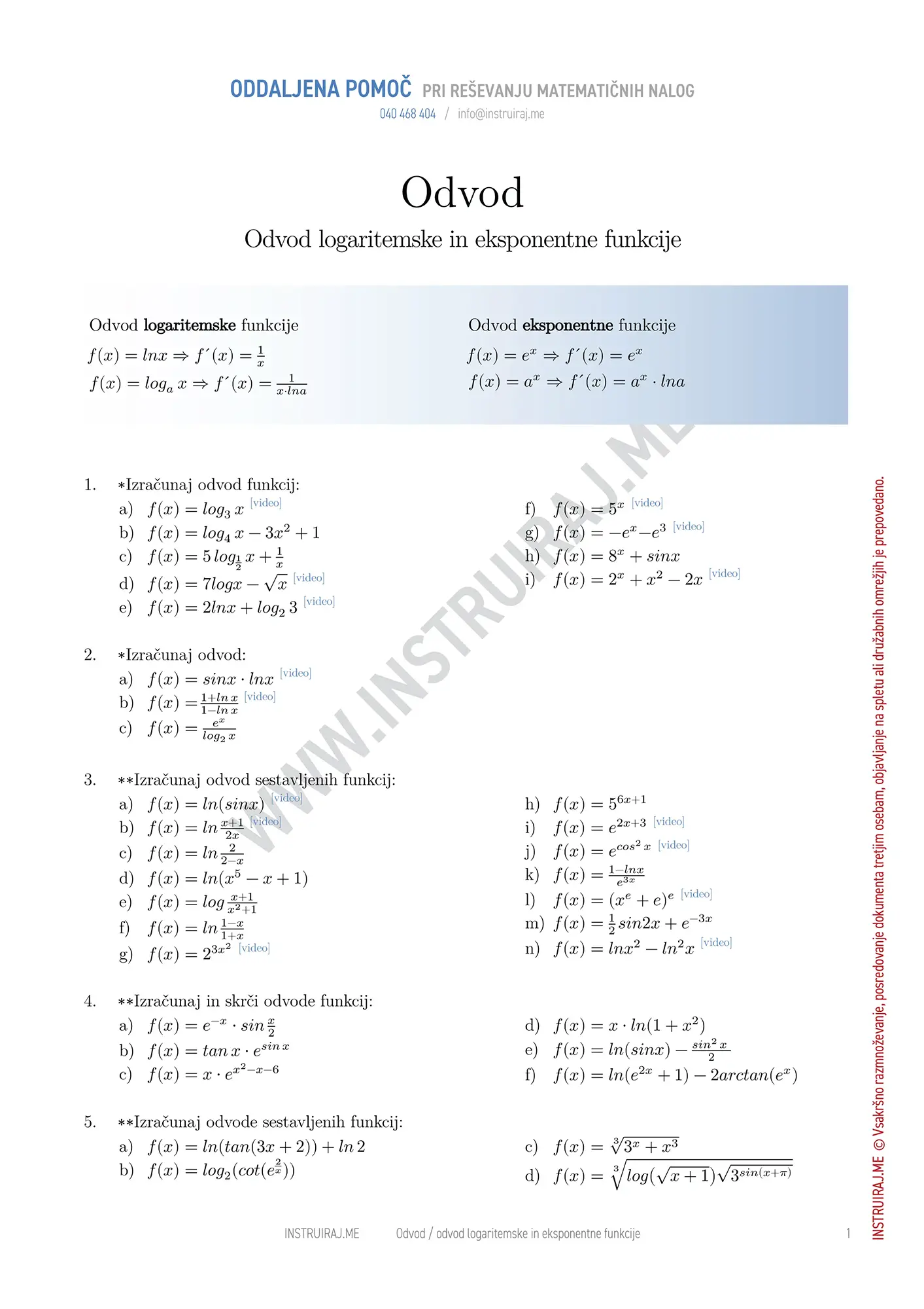 Odvod logoritemske in eksponentne funkcije
