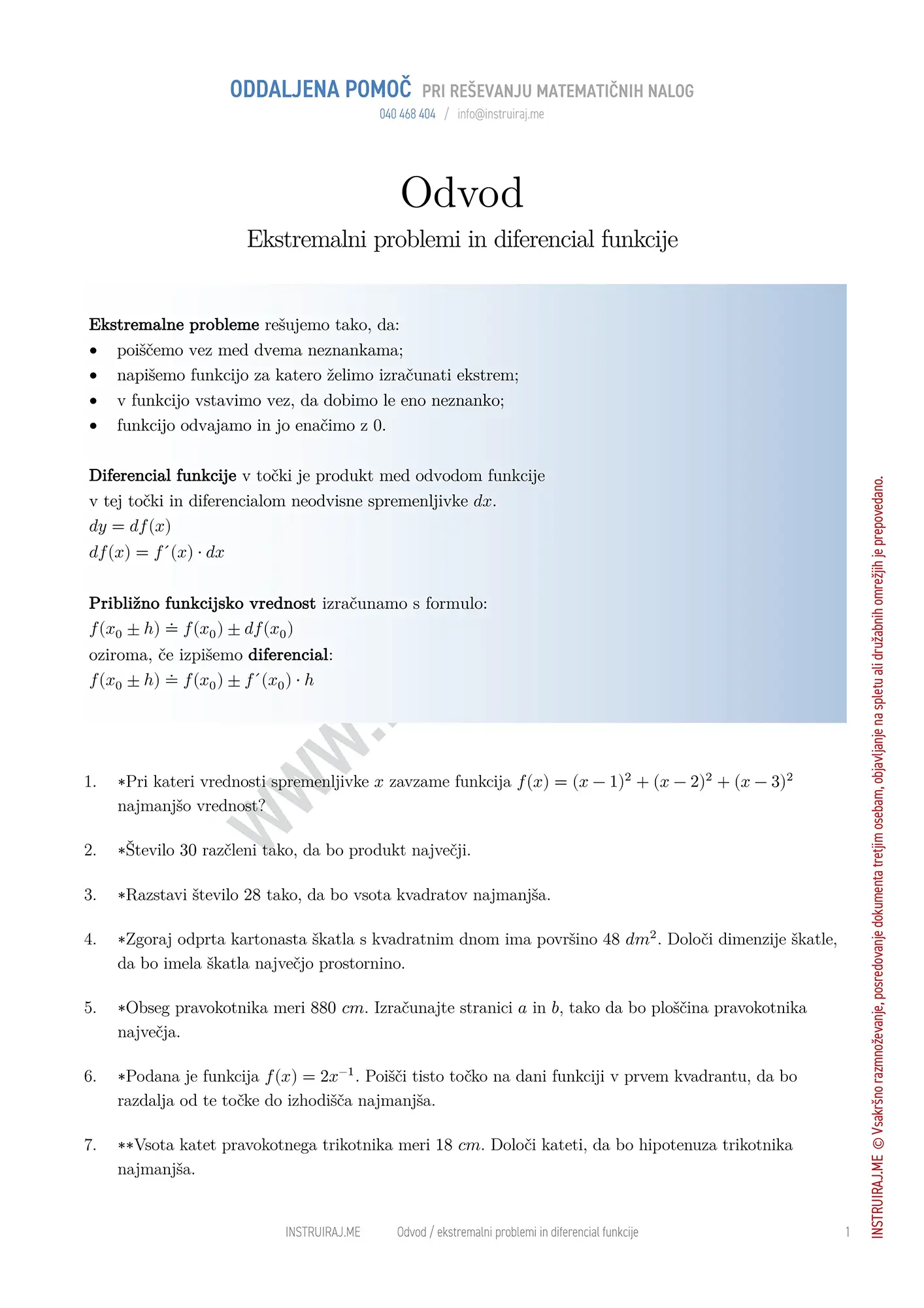 Ekstremalni problemi in diferencial funkcije