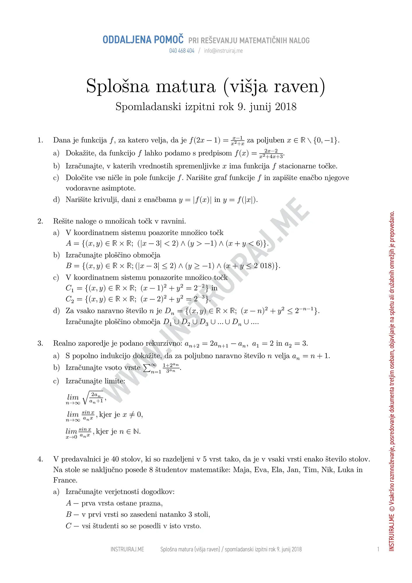 Splošna matura VR, spomladanski izpitni rok 9. junij 2018