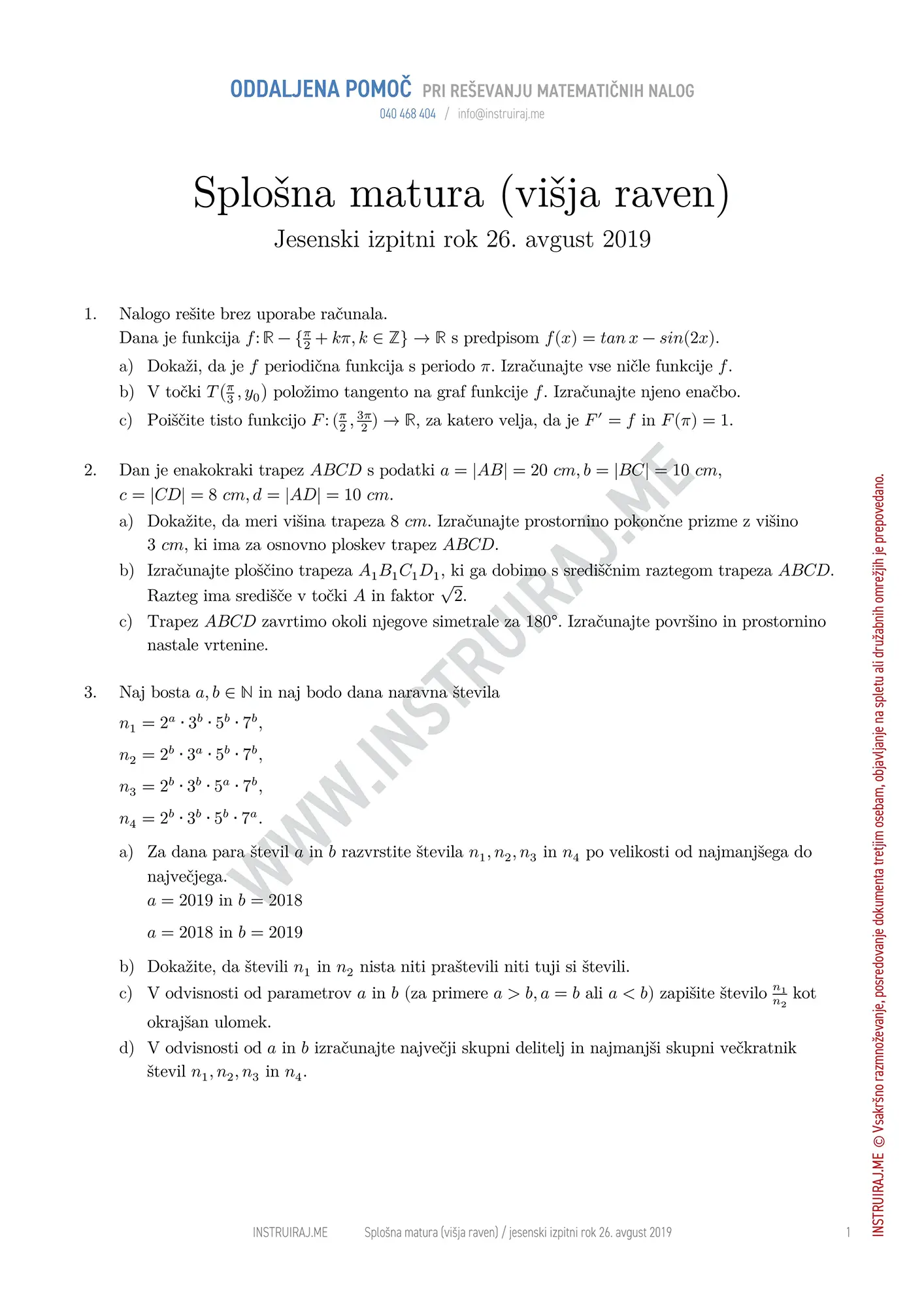 Splošna matura VR, jesenski izpitni rok 26. avgust 2019