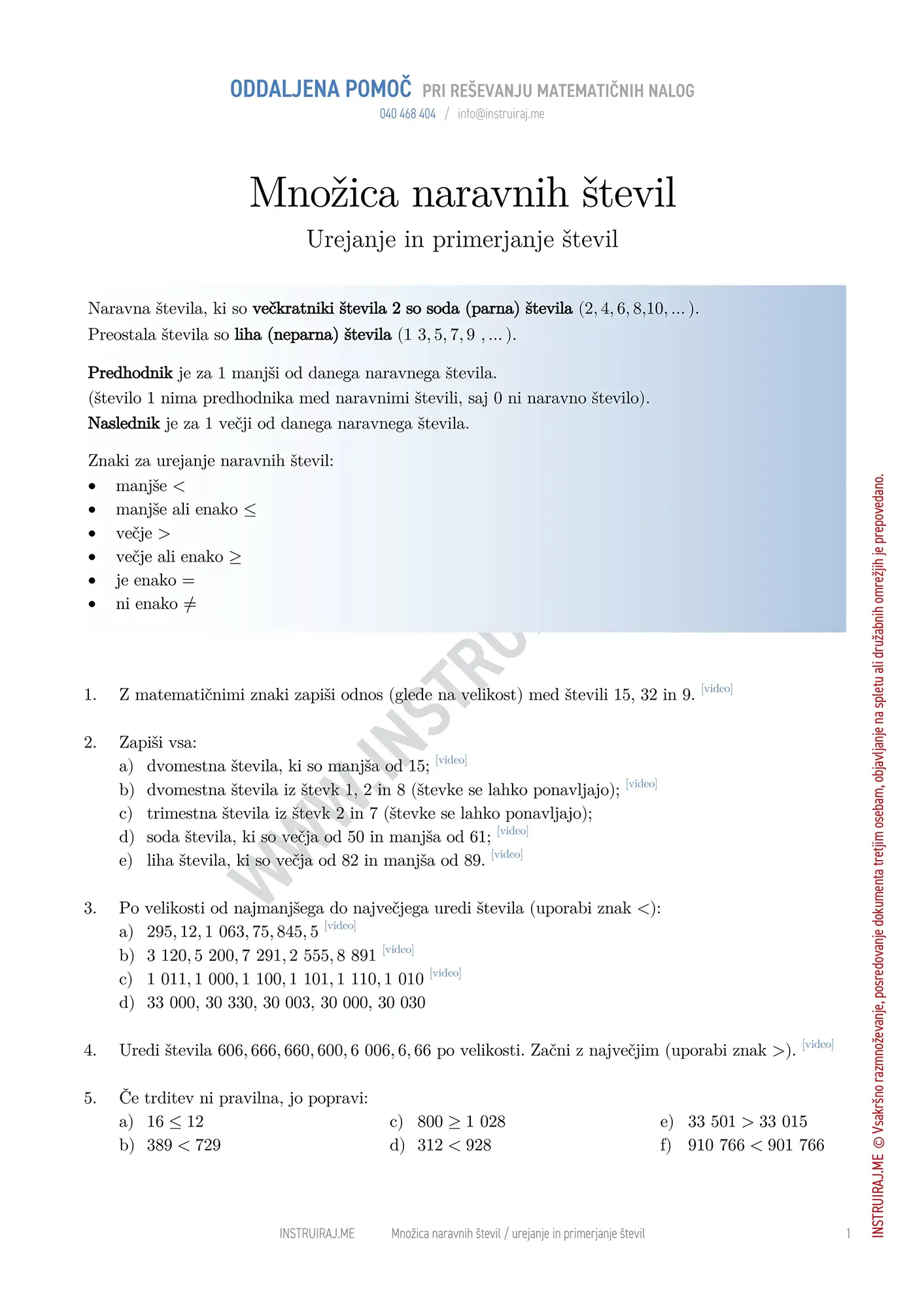 Urejanje in primerjanje števil