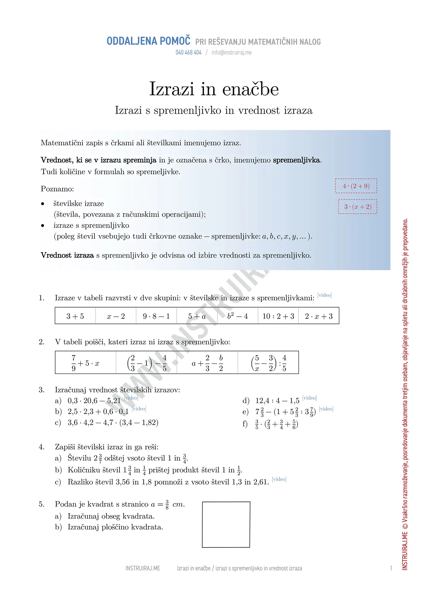 Izrazi s spremenljivko in vrednost izraza