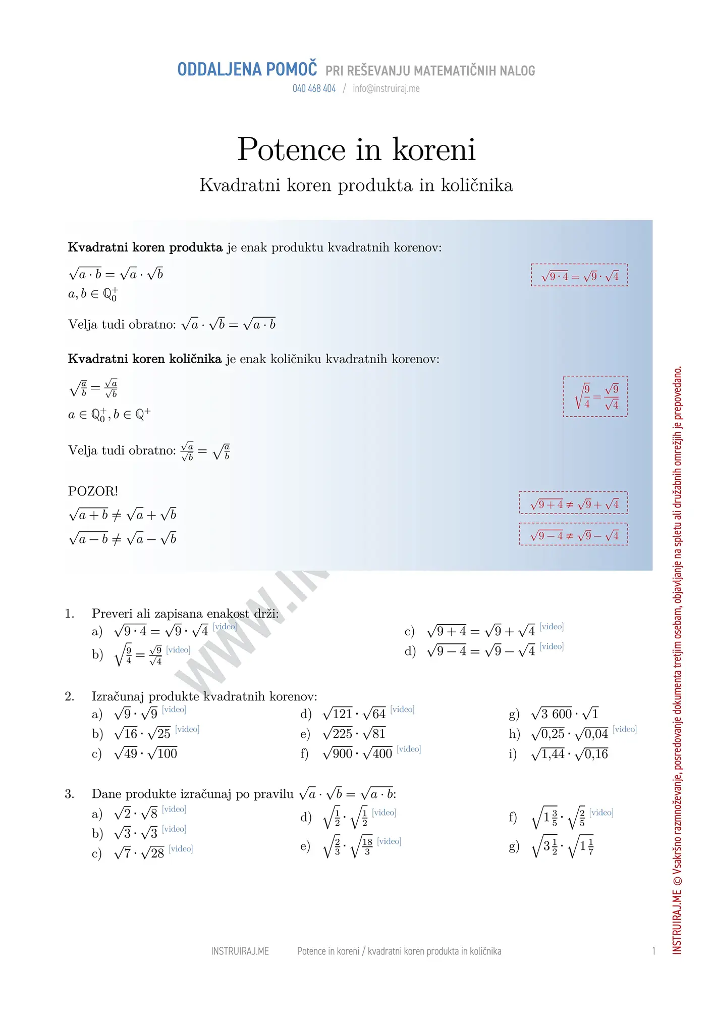 Kvadratni koren produkta in količnika