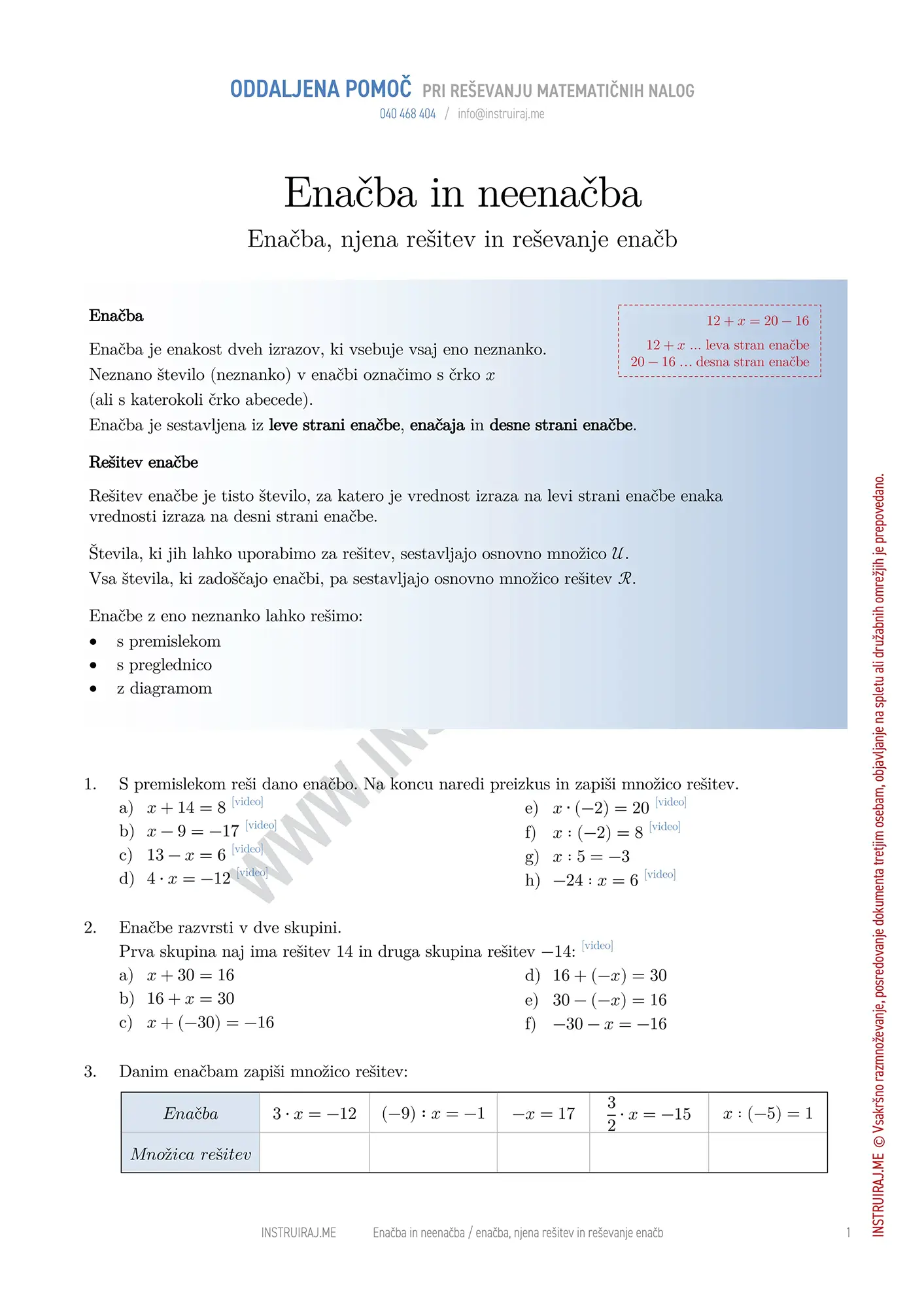 Enačba, njena rešitev in reševanje enačb