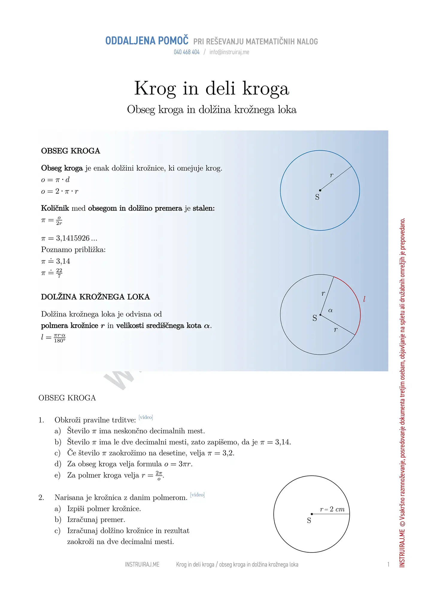 Obseg kroga in dolžina krožnega loka