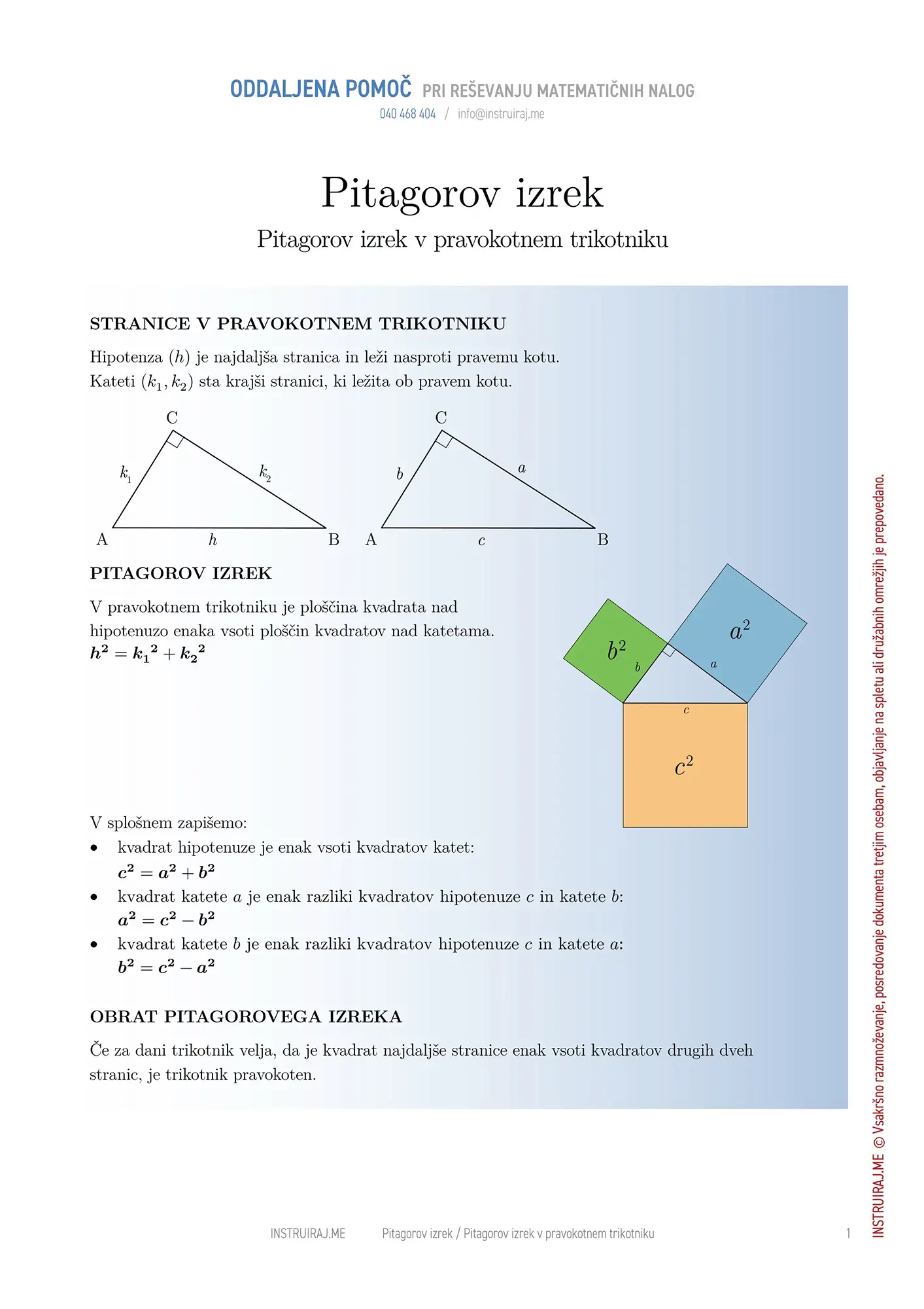 Pitagorov izrek v pravokotnem trikotniku