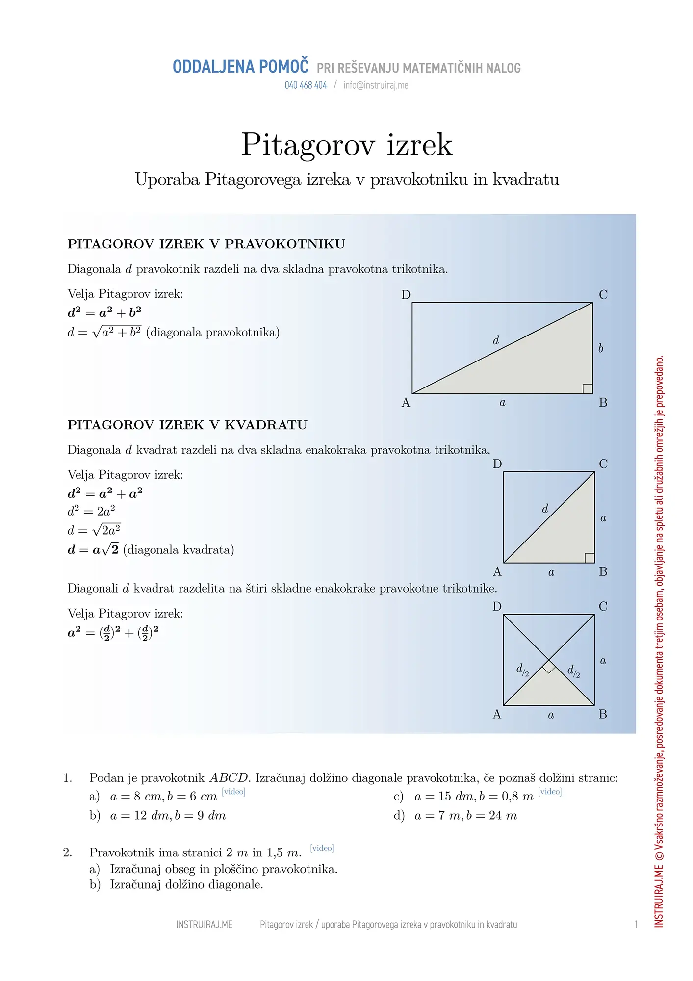 Uporaba Pitagorovega izreka v pravokotniku in kvadratu