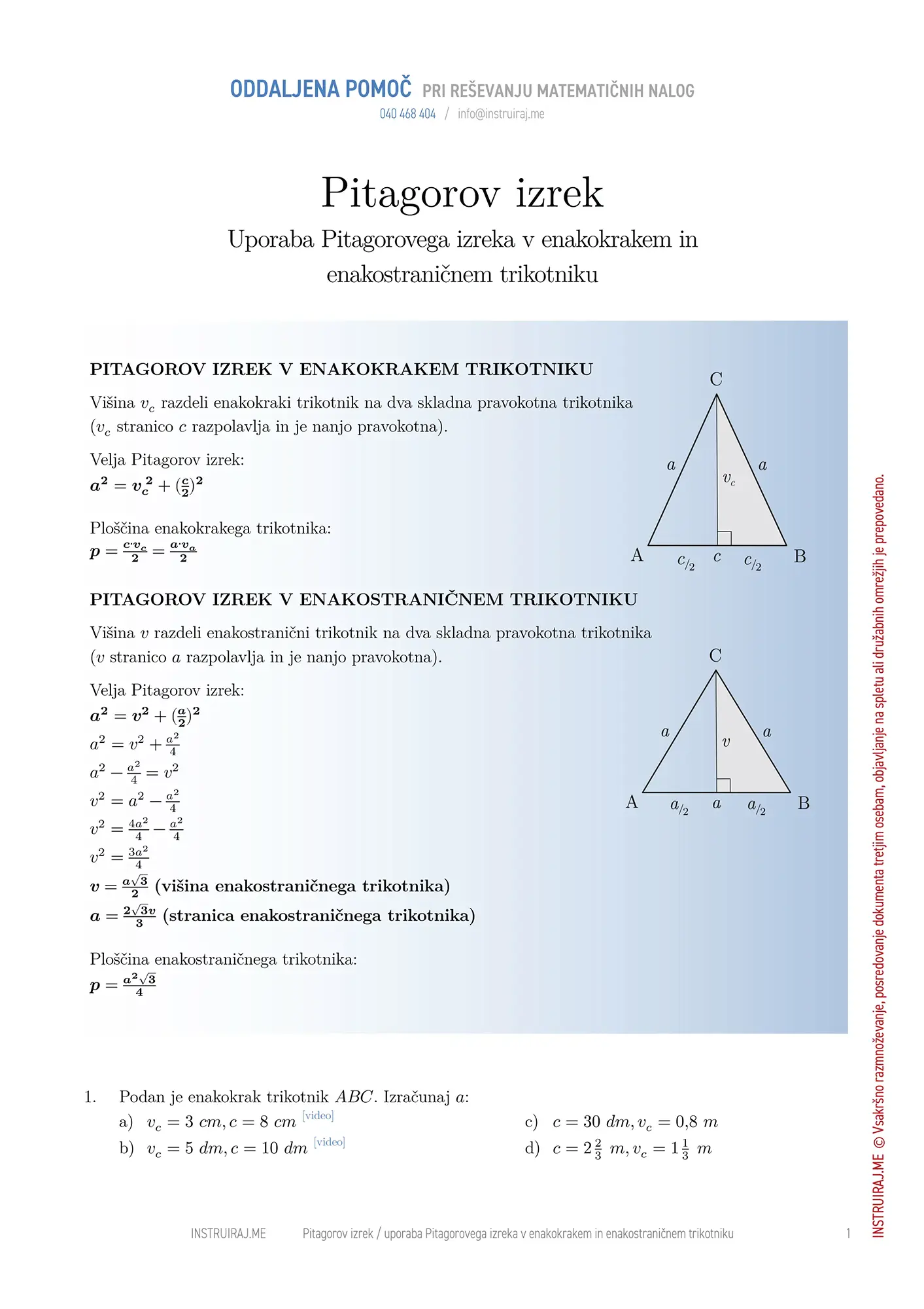 Uporaba Pitagorovega izreka v enakokrakem in enakostraničnem trikotniku