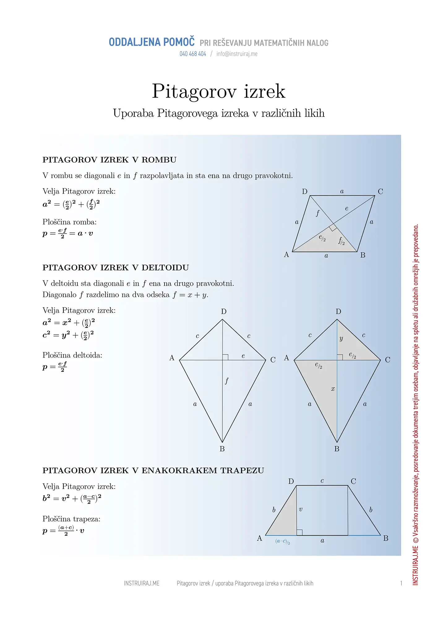 Uporaba Pitagorovega izreka v različnih likih